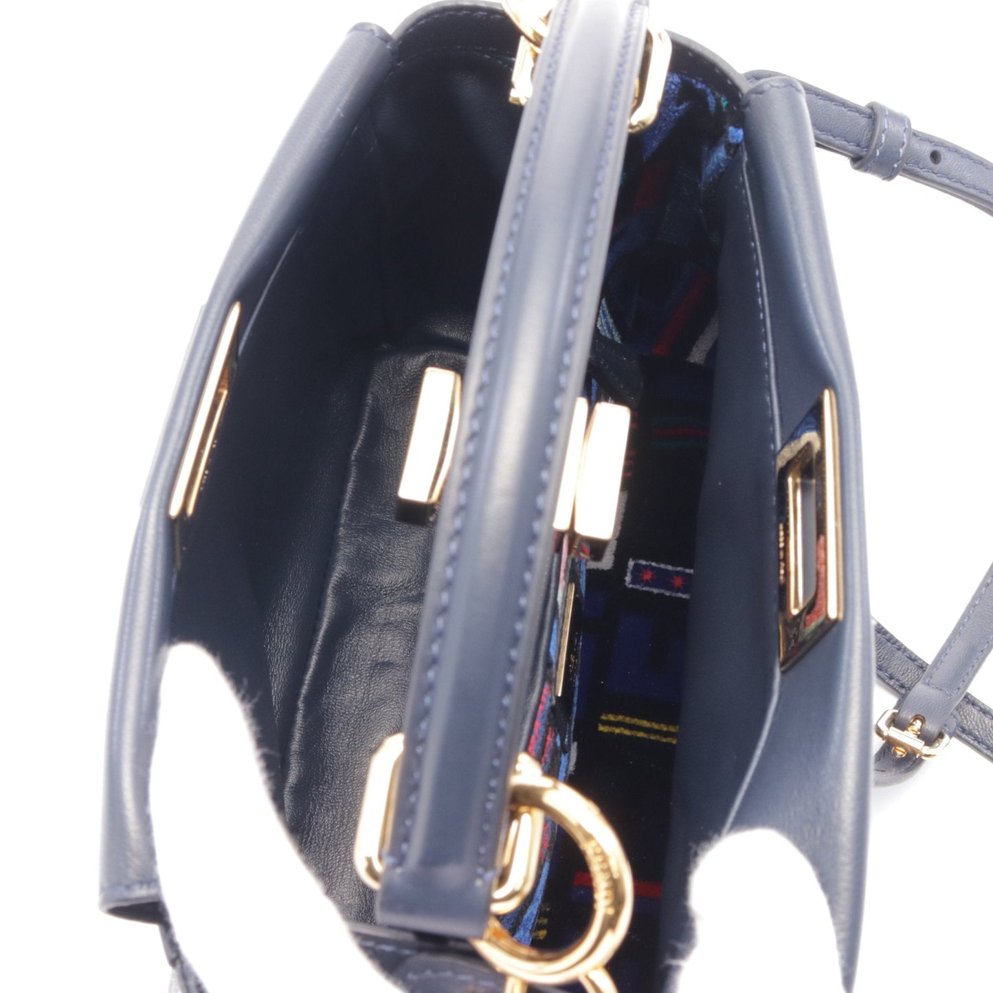 Luxury Fendi Ｍini Peekaboo Iconic Handbag Leather Navy 2WAY
