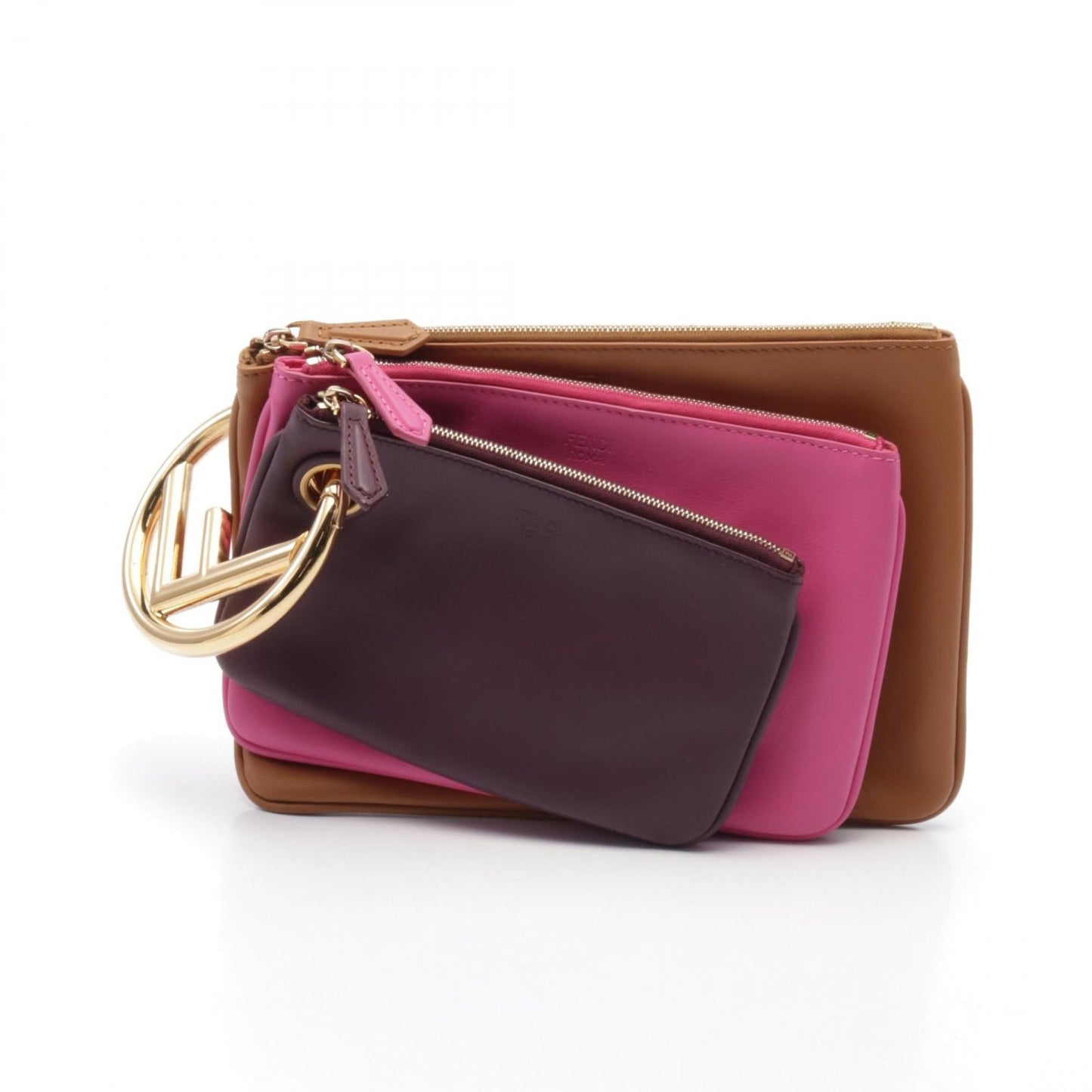 Luxury Fendi Triplet Clutch bag Leather Brown Pink Purple
