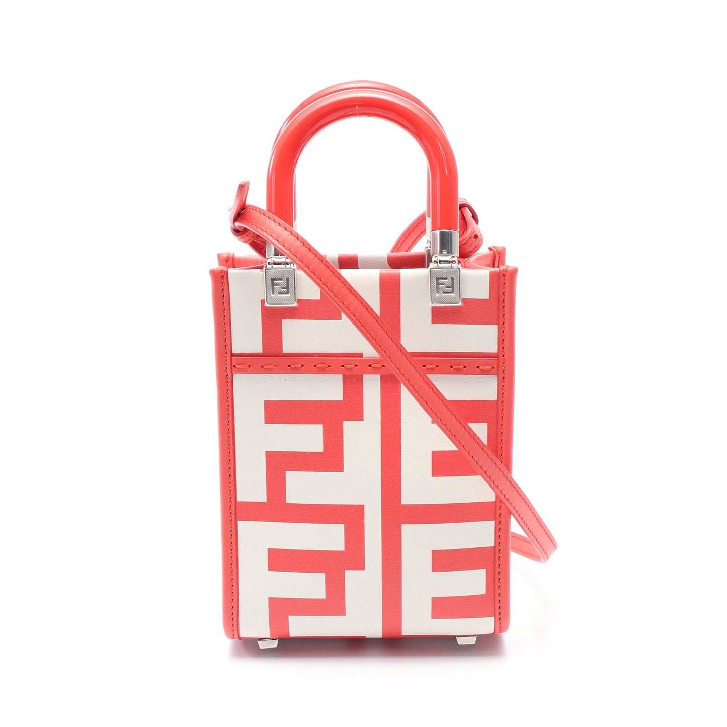 Luxury Fendi Sunshine Shopper Mini Handbag Leather Red Off white 2WAY