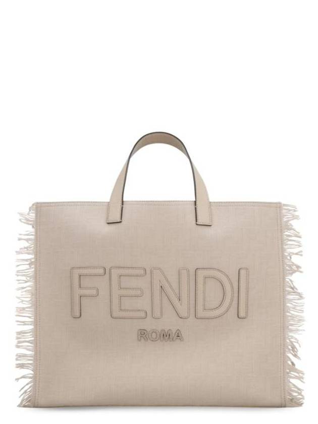 Luxury Fendi FF Fabric Tote Bag with Fringes Beige