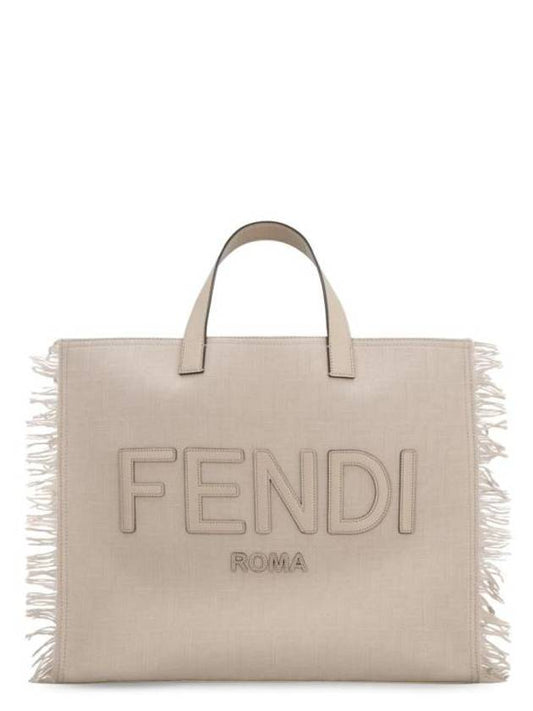 Luxury Fendi FF Fabric Tote Bag with Fringes Beige