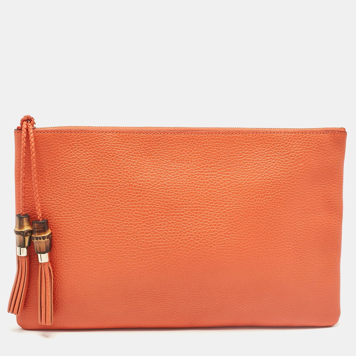 Luxury Gucci Trending 2025 Orange Leather Bamboo Tassel Zip Pouch
