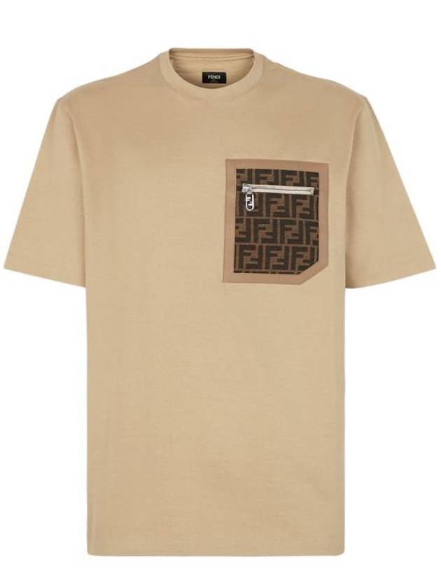 Luxury Fendi FF Logo Pocket Short Sleeve T-shirt Beige
