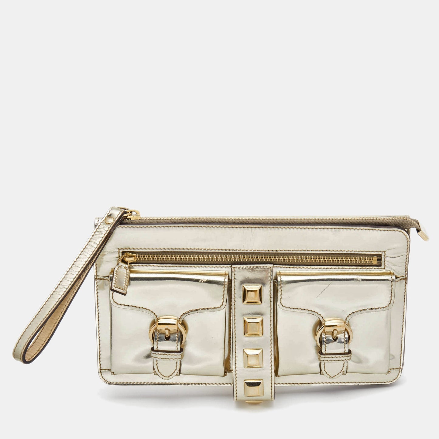 Luxury Gucci Trending 2025 Metallic Gold Laminate Leather Studded Evening Wristlet Clutch