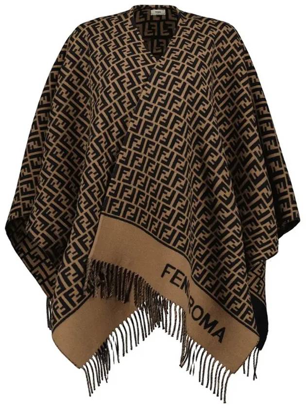 Luxury Fendi Roma Allover Logo Wool Cashmere Cape Brown