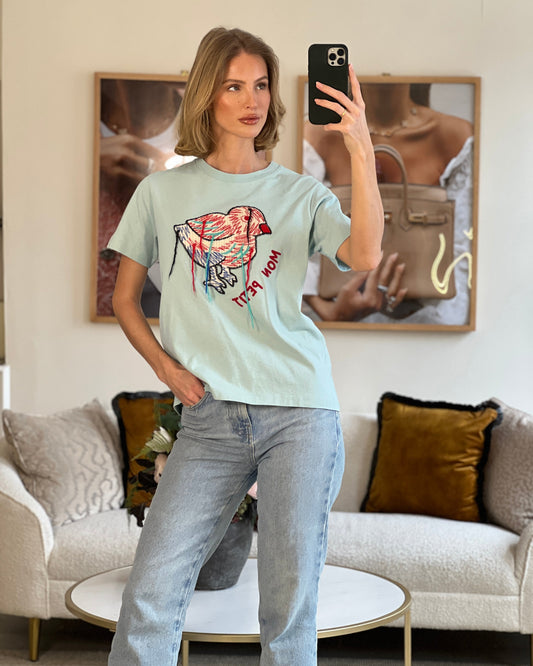 Luxury Gucci Trending 2025 Baby Blue Cotton T Shirt with Embroidered Bird Size S