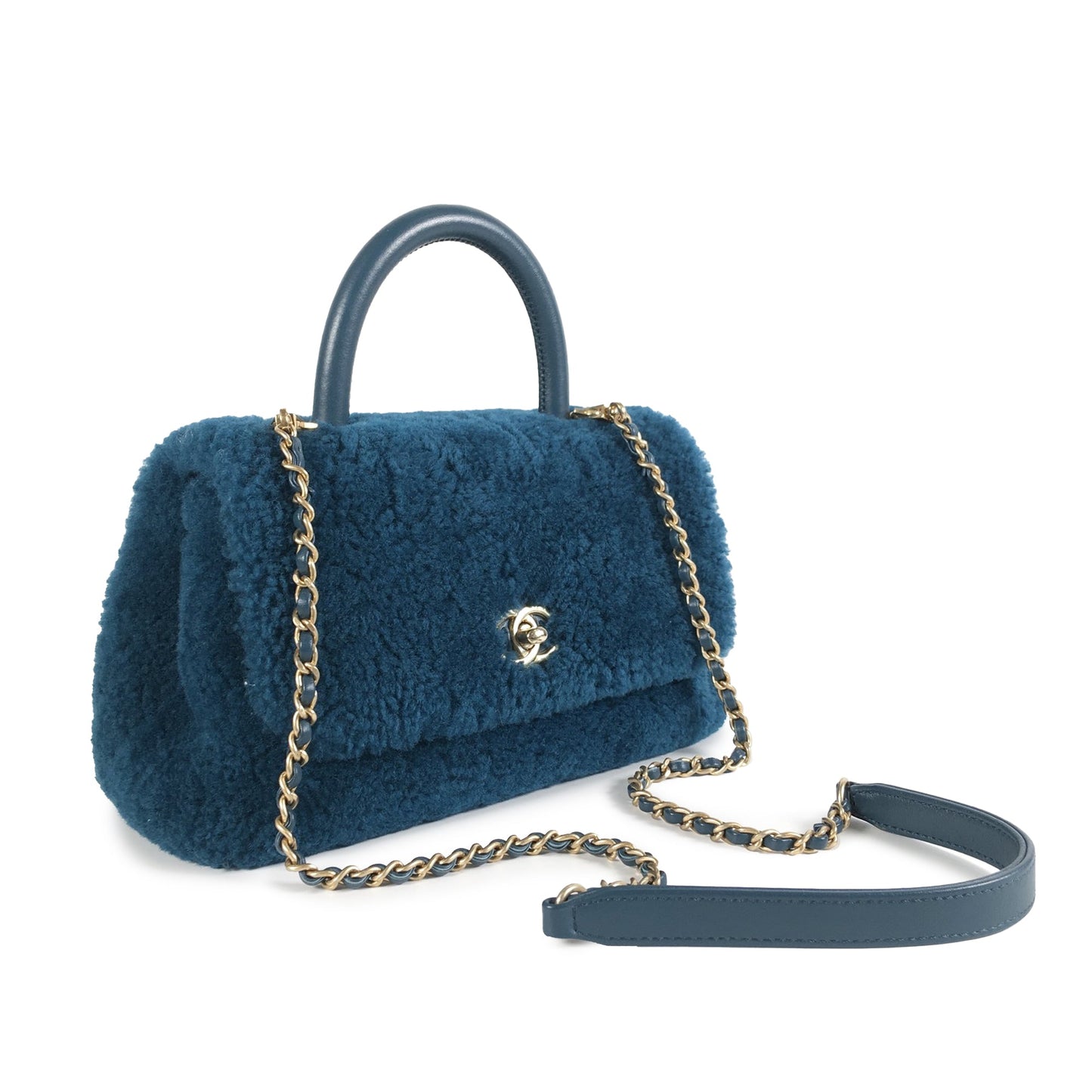 Luxury Chanel Coco Top Handle Small Blue Shearling Gold