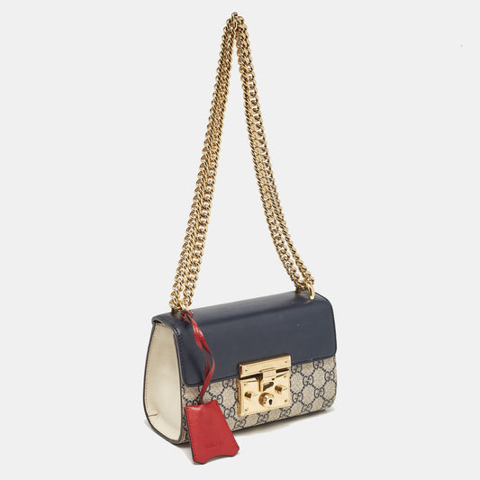 Luxury Gucci Trending 2025 Tricolor Gg Supreme Canvas And Leather Small Padlock Shoulder Bag..