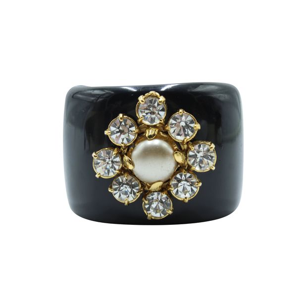 Luxury Chanel Vintage Black Plastic Bracelet - Crystal Embellishments And Faux Pearl