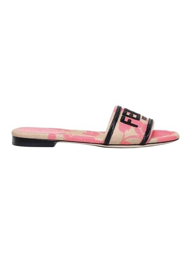 Luxury Fendi Rose Print Embroidered Logo Canvas Slide Slippers Pink