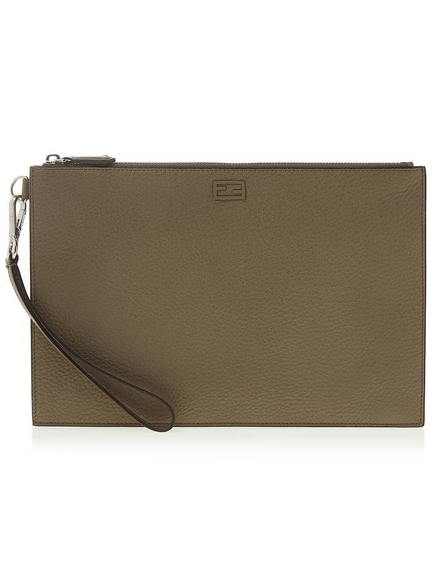 Luxury Fendi FF Logo Flat Leather Clutch Bag Beige