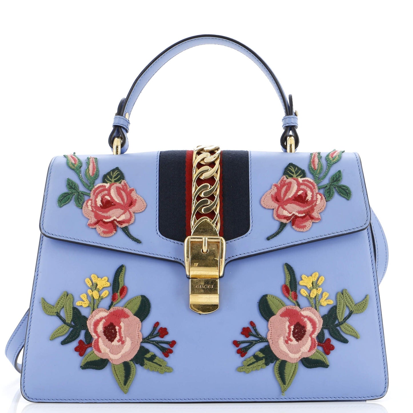 Luxury Gucci Trending 2025 Sylvie Top Handle Bag Embroidered Leather Medium