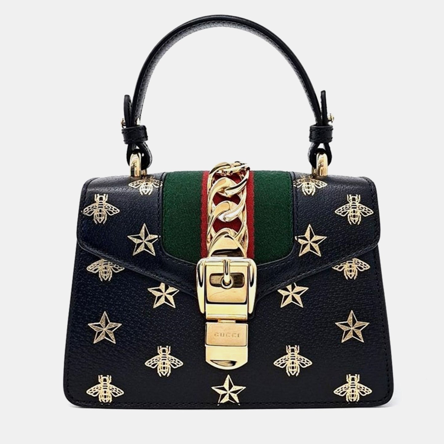 Luxury Gucci Trending 2025 Black Leather Bee Printed Sylvie Mini Top Handle Bag