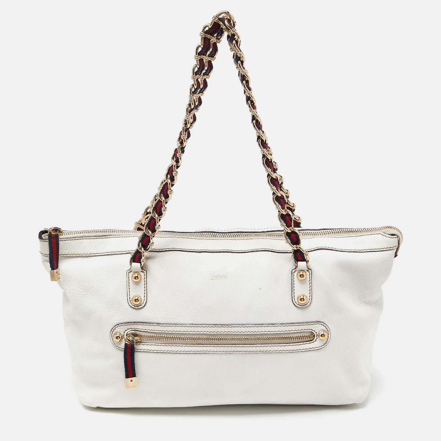 Luxury Gucci Trending 2025 White Leather Front Zip Chain Tote