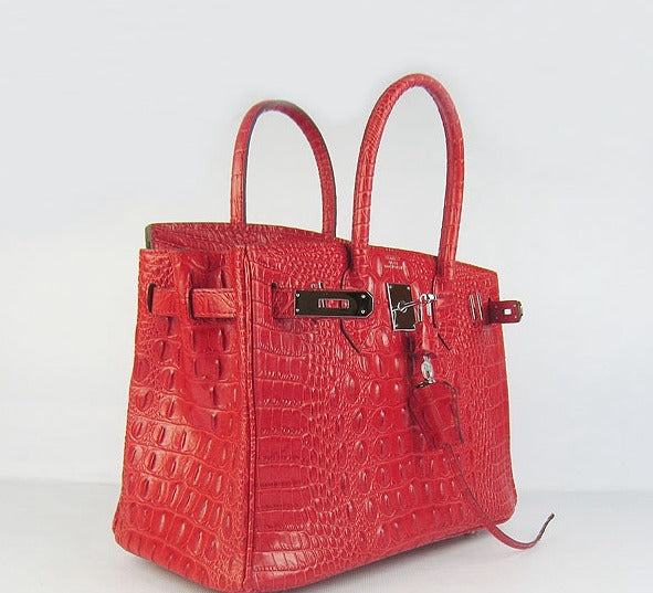 Luxury Hermes Birkin 30cm Crocodile Head Vein Handbags Red Silver