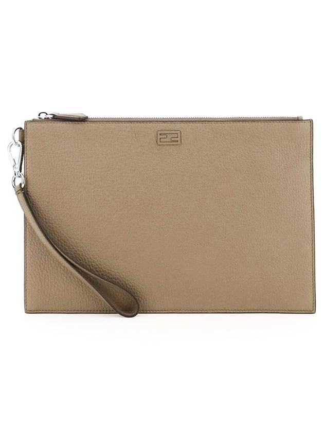 Luxury Fendi FF Logo Flat Leather Clutch Bag Beige