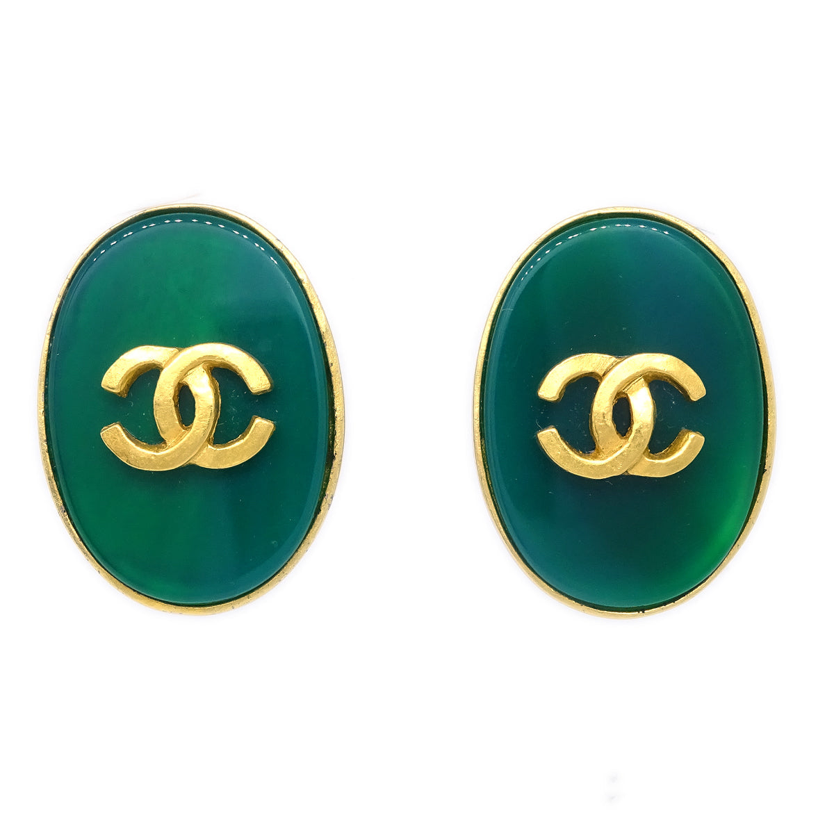 Luxury Chanel Stone Oval Earrings Clip-On Green 95A