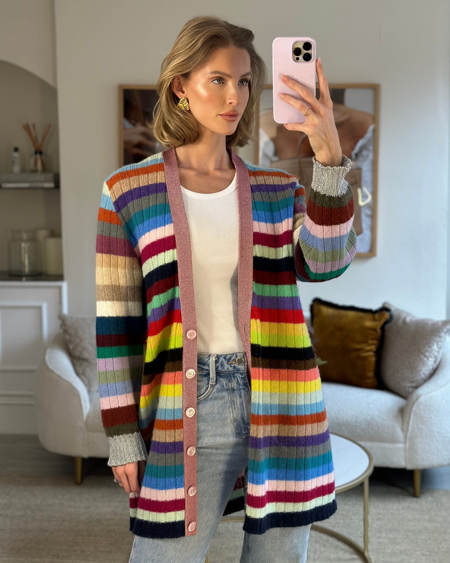 Luxury Gucci Multicoloured Cashmere Cardigan with Metallic Cuff & Collar Detail Size XL (UK 10-14)