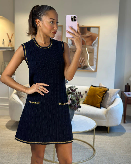 Luxury Gucci Navy Knitted Mini Dress with Gold Chain Pocket Details Size IT S (UK 8)