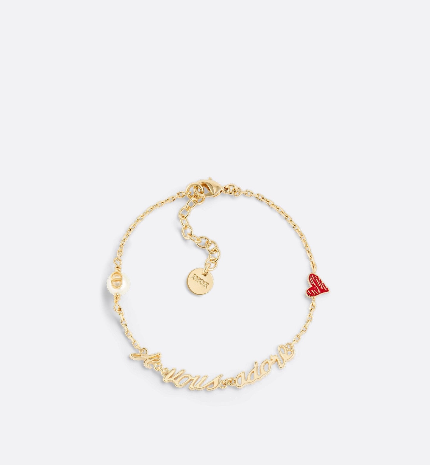 Luxury Dioramour Je Vous Adore Bracelet Gold Finish Metal With White Resin Pearl And Red Lacquer