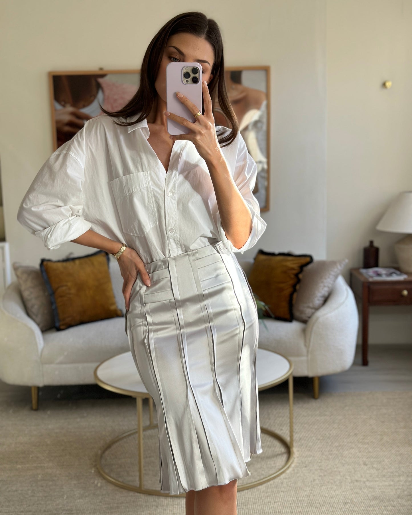 Luxury Gucci Silver Silk Pleated Hem Skirt Size IT 38 (UK 6)