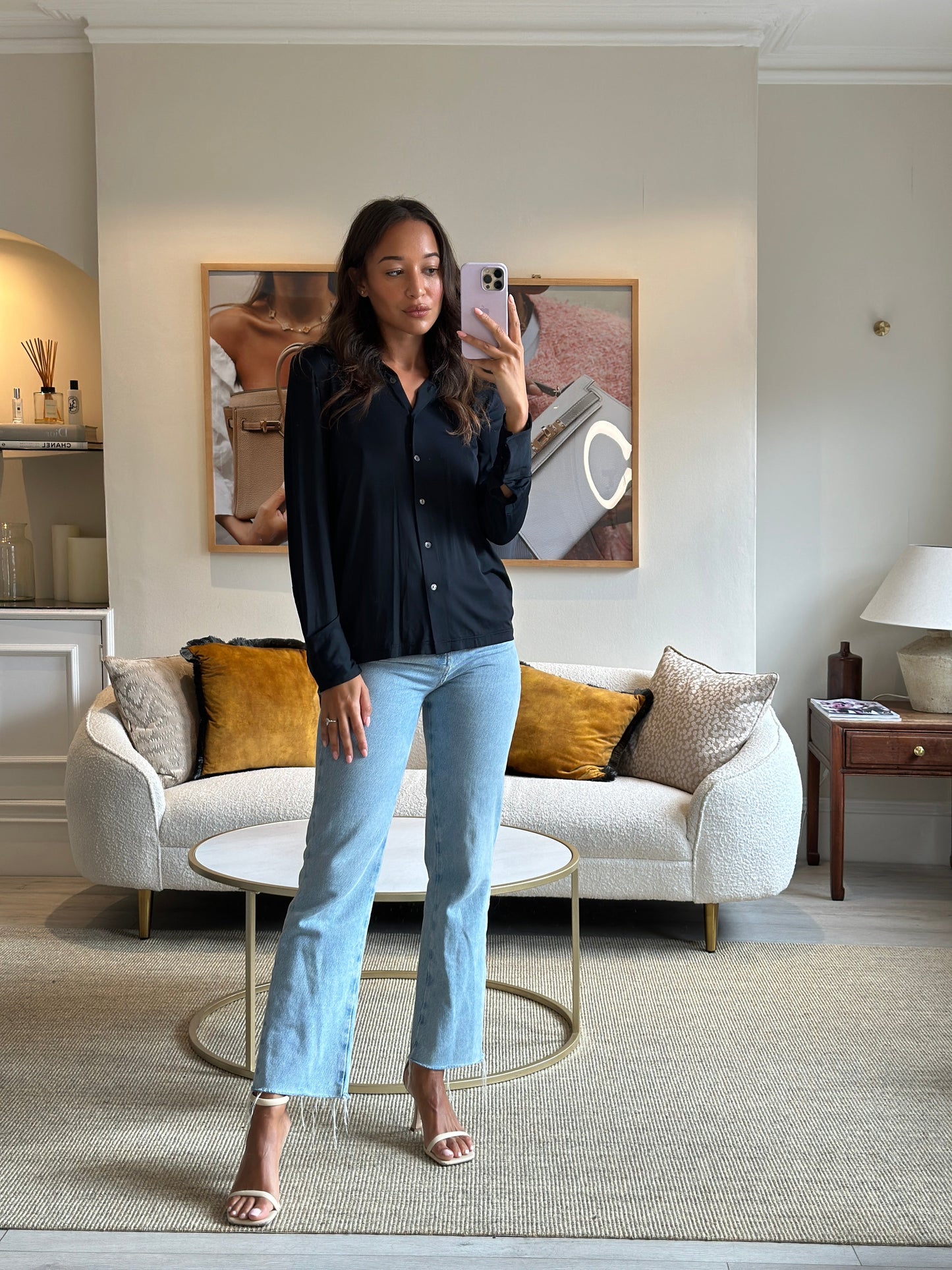Luxury Gucci Navy Long Sleeve Stretch Shirt with Pearl Button Details IT 42 (UK 10)