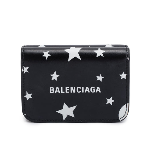 Balenciaga Black Calfskin Leather Logo Star Everyday Mini Compact Wallet
