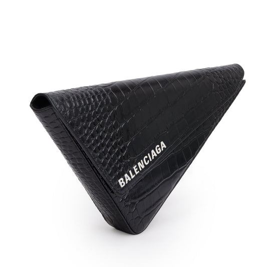 Balenciaga Black Croc-Embossed Calfskin Leather Triangle Clutch