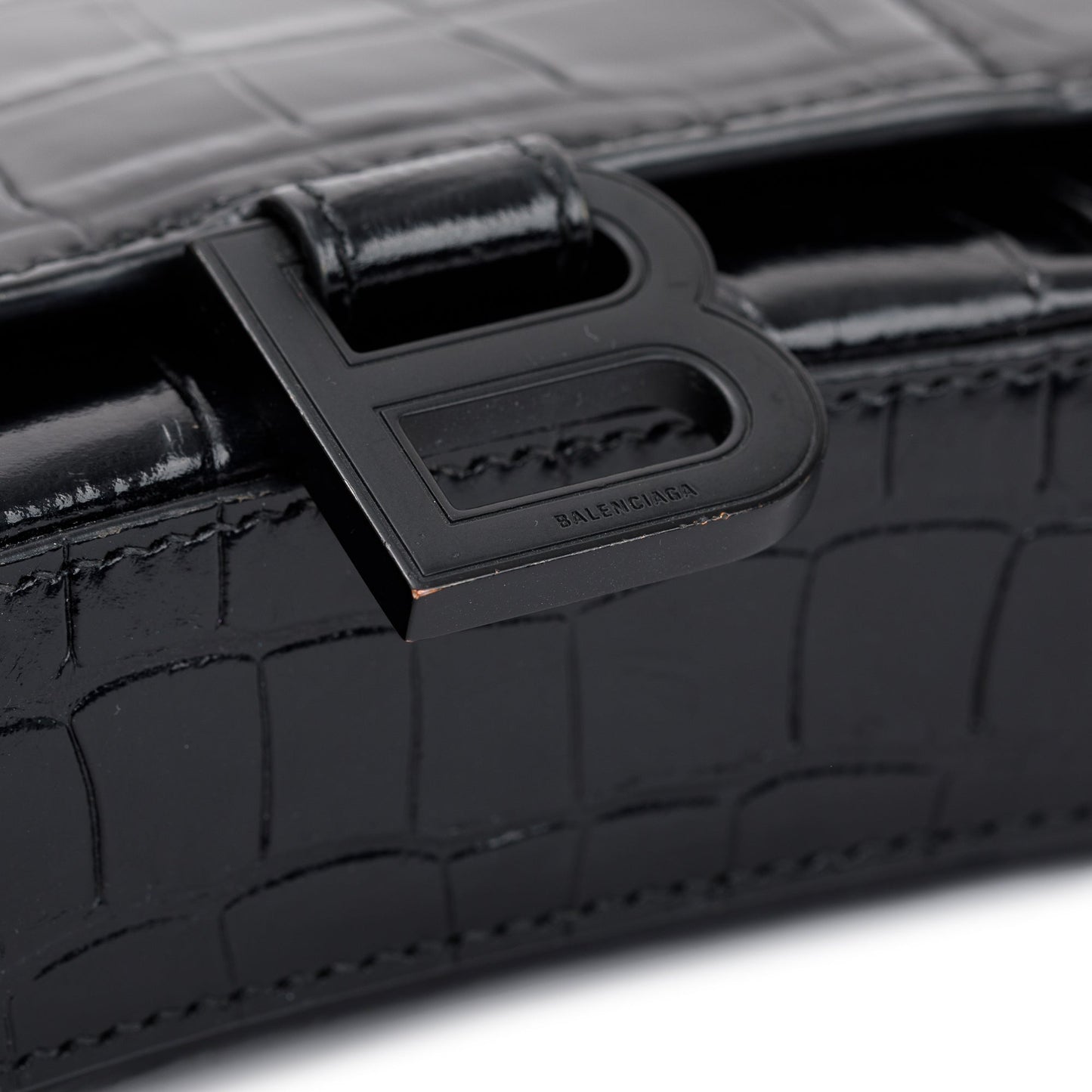 Balenciaga Black Croc-Embossed Leather Hourglass Wallet on Chain