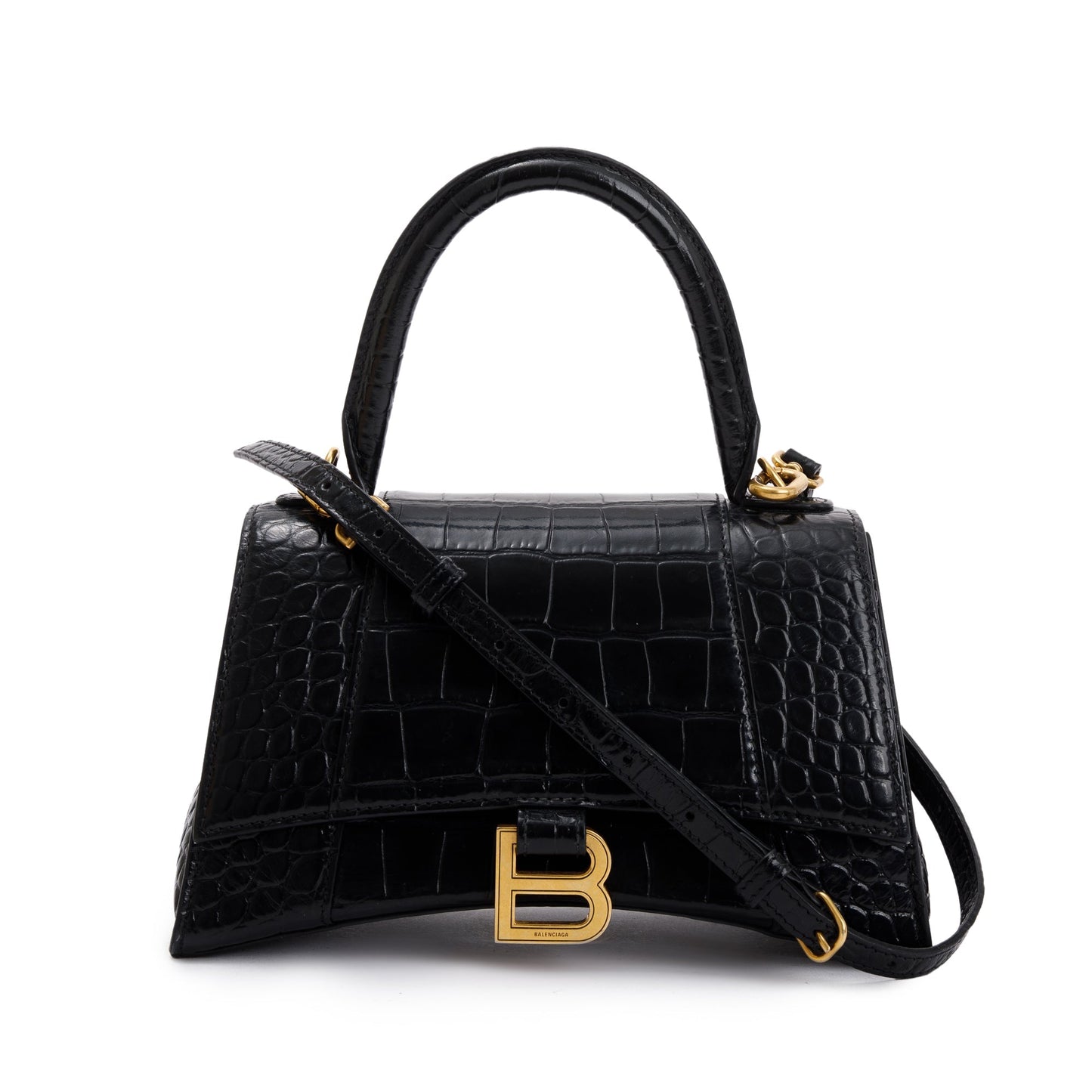 Balenciaga Black Croc-Embossed Leather Small Hourglass Top Handle Bag