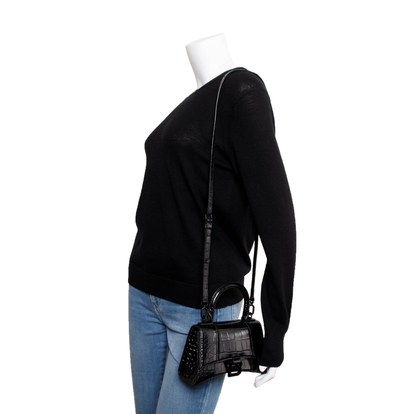 Balenciaga Black Croc-Embossed Leather XS Hourglass Top Handle Bag