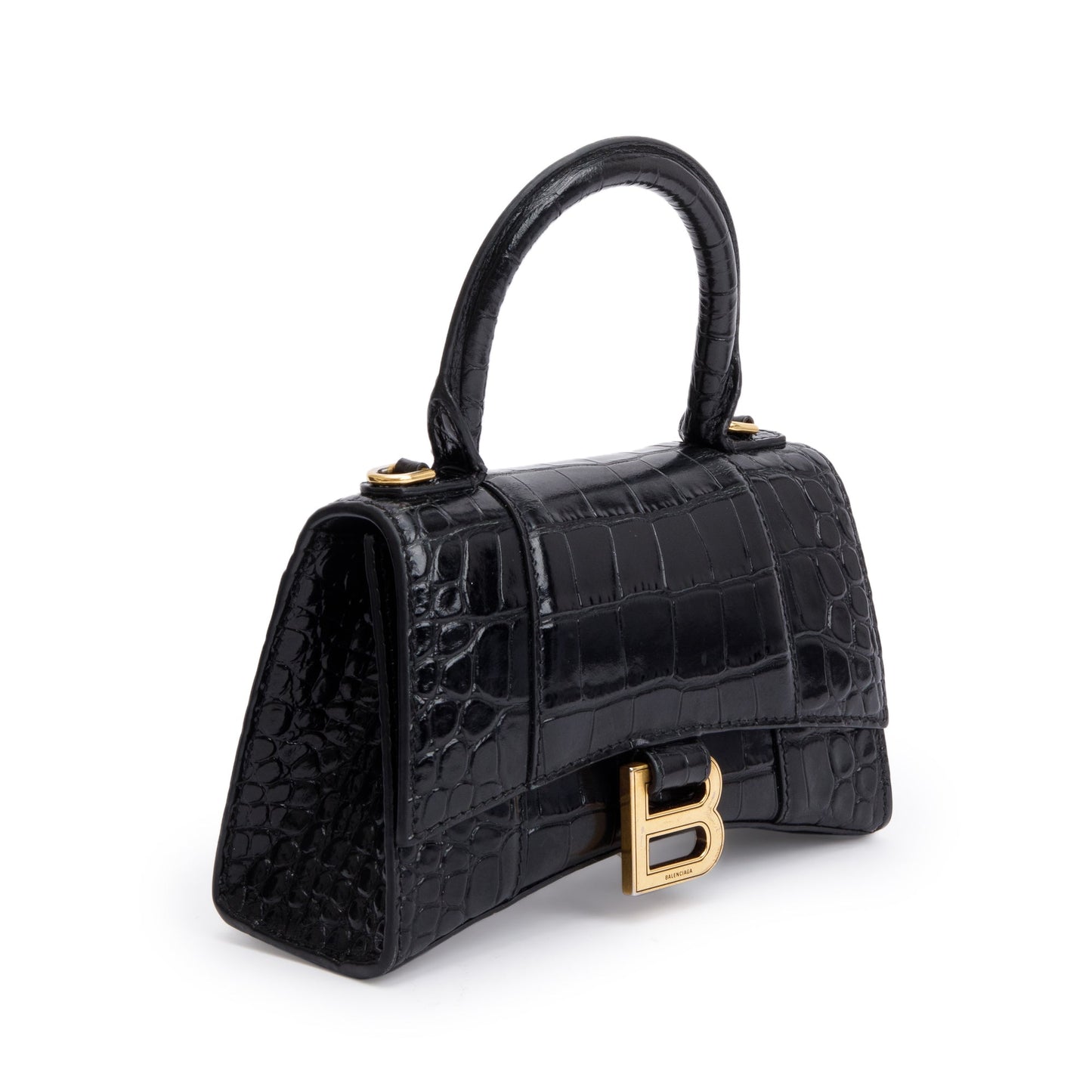 Balenciaga Black Croc-Embossed Leather XS Hourglass Top Handle Bag