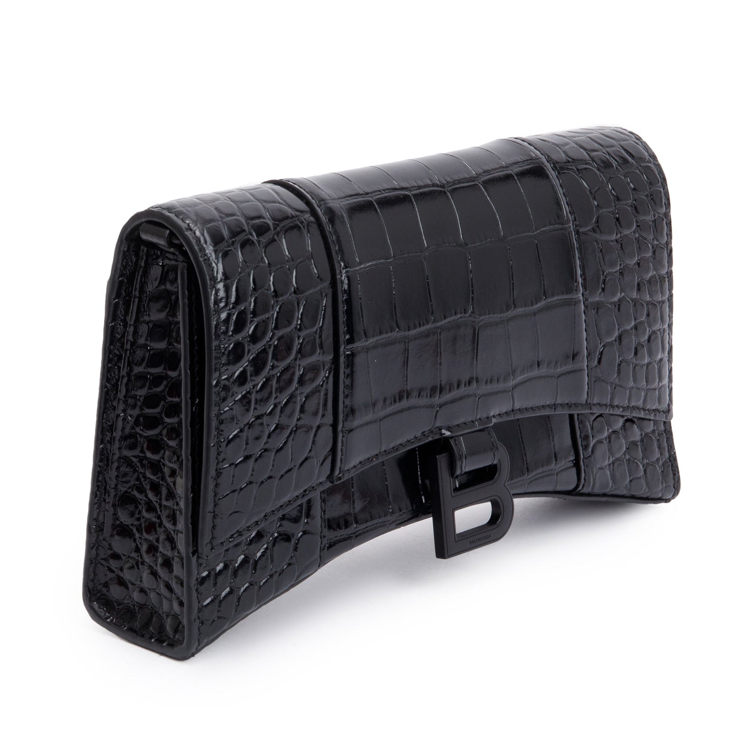 Balenciaga Black Monochrome Croc-Embossed Leather Hourglass Chain Wallet