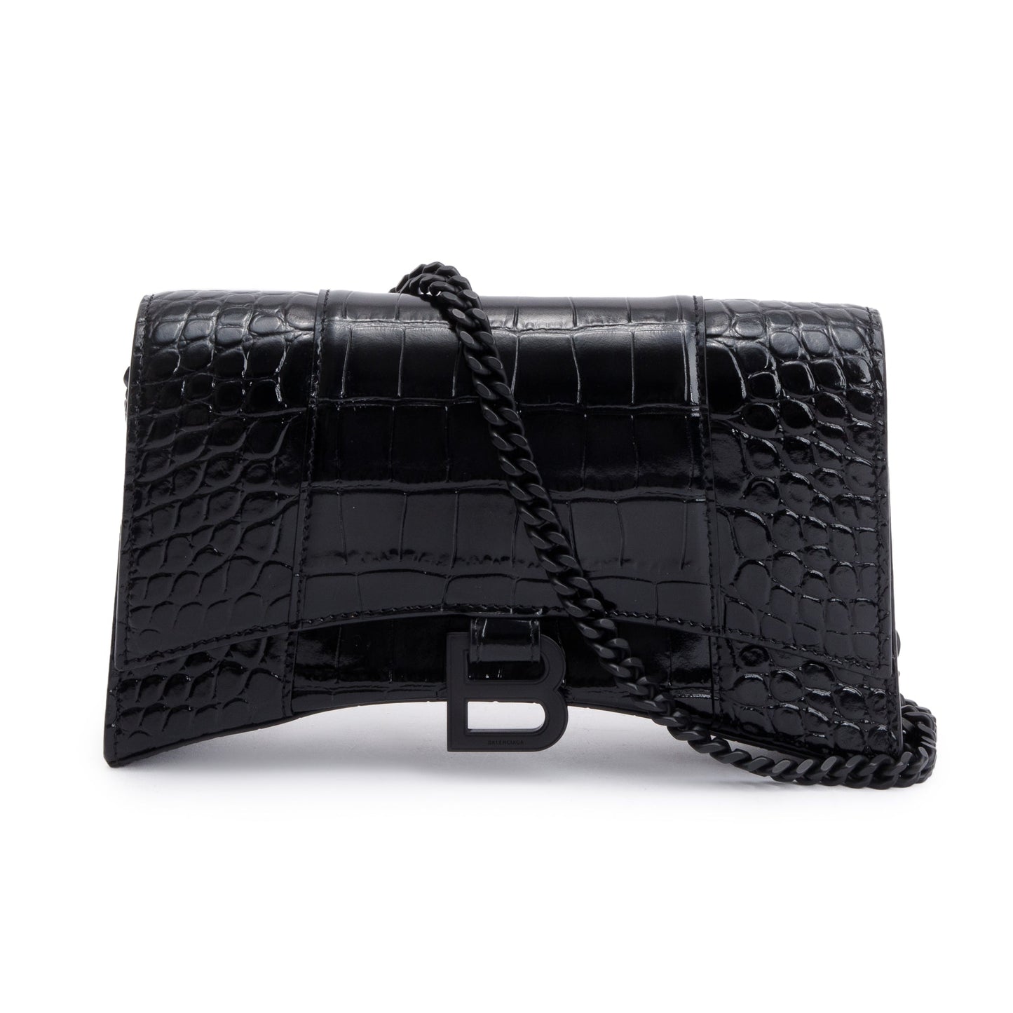 Balenciaga Black Monochrome Croc-Embossed Leather Hourglass Chain Wallet
