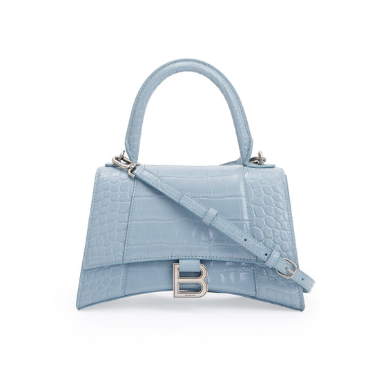 Balenciaga Blue Grey Croc-Embossed Calfskin Leather Small Hourglass Top Handle Bag