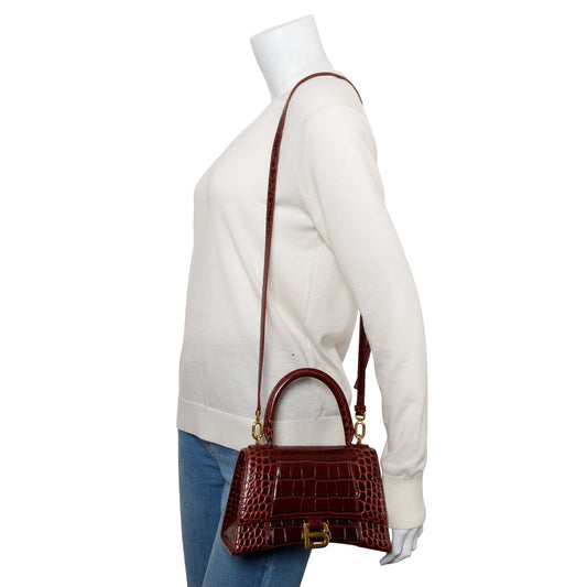 Balenciaga Burgundy Croc Embossed Leather Small Hourglass Top Handle Bag