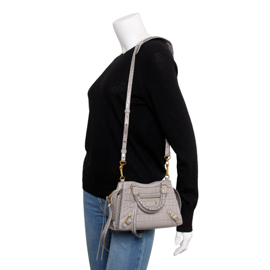 Balenciaga Grey Crocodile Embossed Calfskin Leather MIni Neo Classic Top Handle Bag