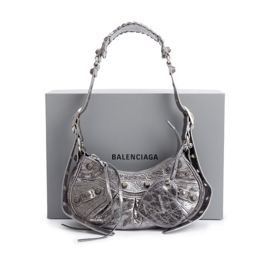 Balenciaga Metallic Silver Arena Calfskin Leather Le Cagole XS Shoulder Bag