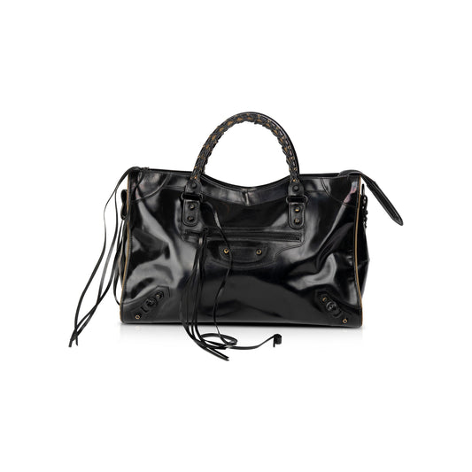 Balenciaga Motocross Black Glazed Calfskin Leather Gold City Bag