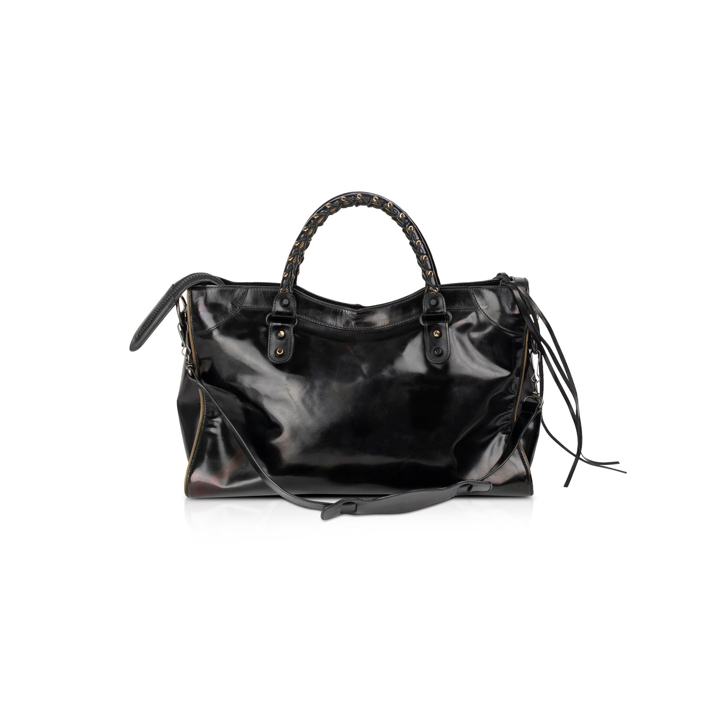 Balenciaga Motocross Black Glazed Calfskin Leather Gold City Bag