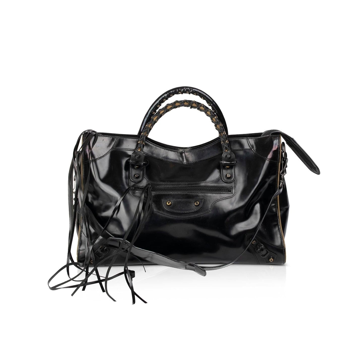 Balenciaga Motocross Black Glazed Calfskin Leather Gold City Bag
