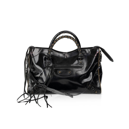 Balenciaga Motocross Black Glazed Calfskin Leather Gold City Bag