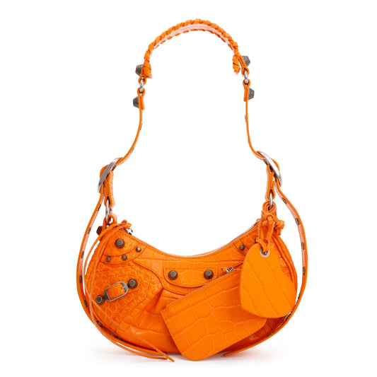 Balenciaga Orange Calfskin Crocodile Embossed Le Cagole XS Shoulder Bag