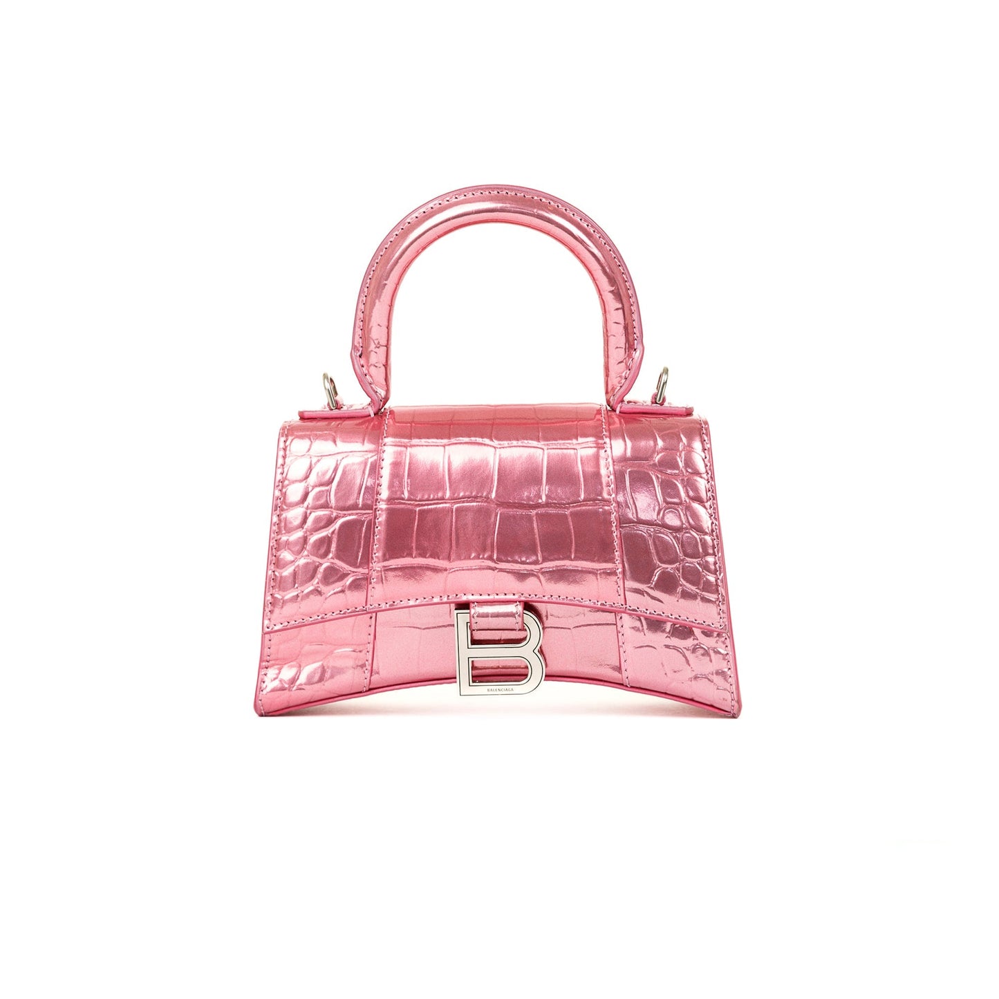 Balenciaga Pink Metallic Croc-Embossed Hourglass XS Top Handle Bag