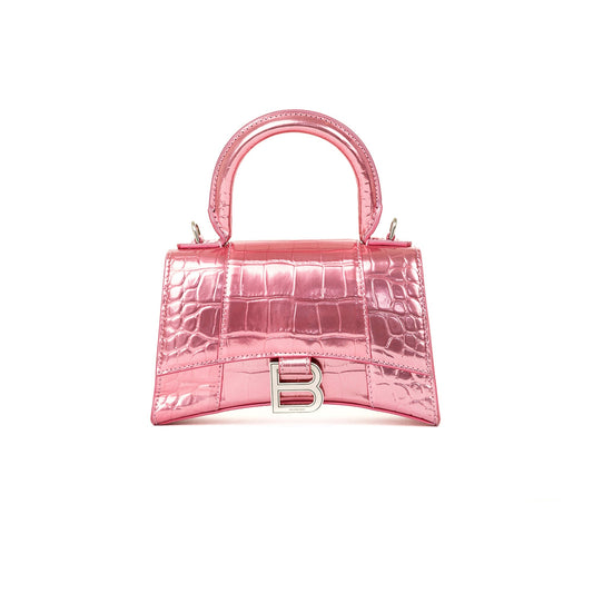 Balenciaga Pink Metallic Croc-Embossed Hourglass XS Top Handle Bag