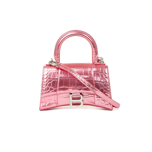Balenciaga Pink Metallic Croc-Embossed Hourglass XS Top Handle Bag