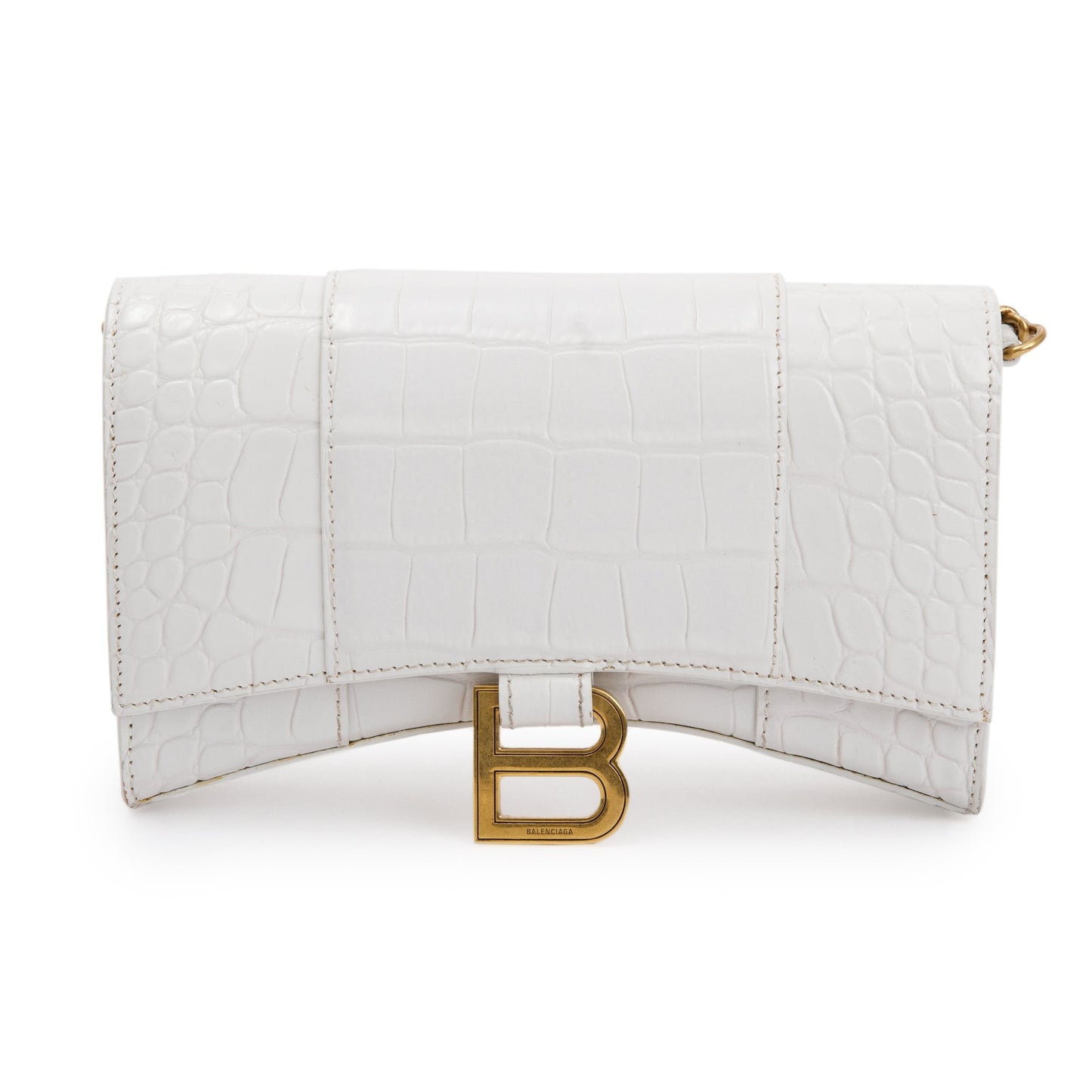 Balenciaga White Croc Embossed Hourglass Wallet on Chain