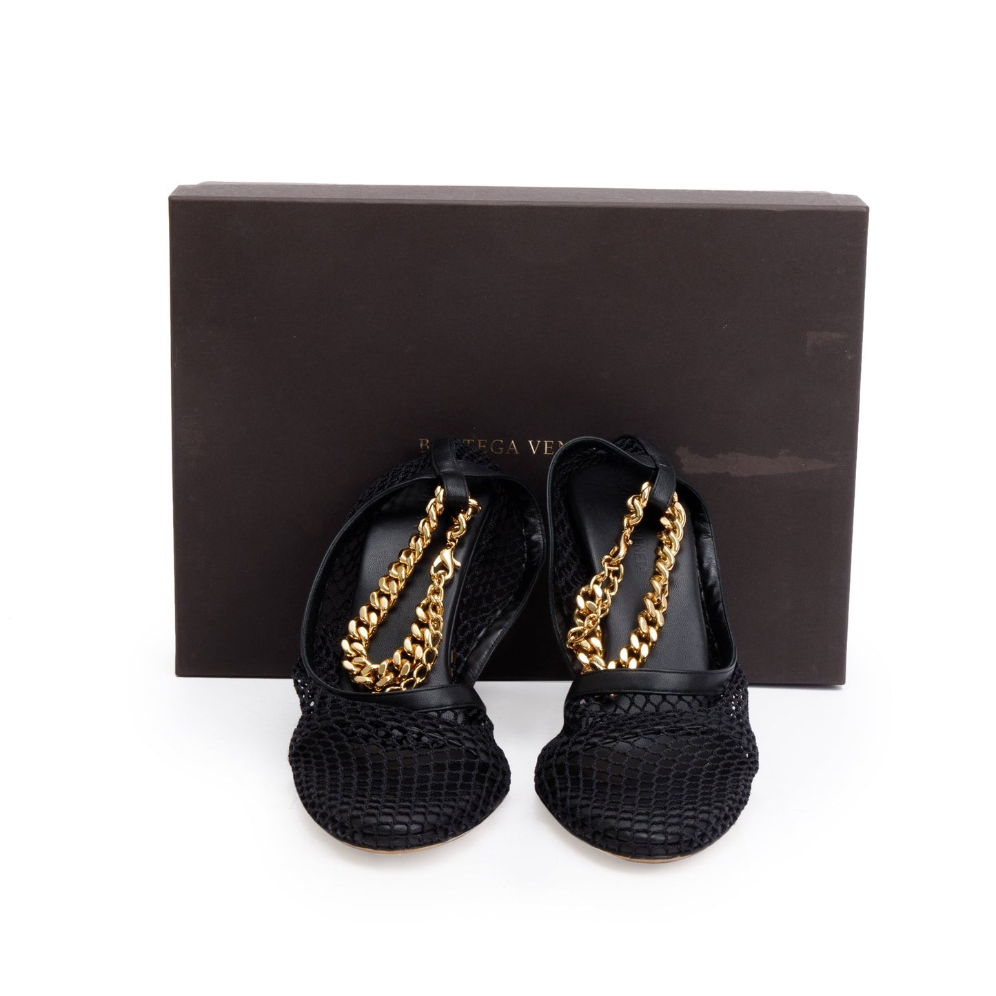 Bottega Veneta Black Leather Mesh Chain Accent Tex Sandal Pumps, Size 39