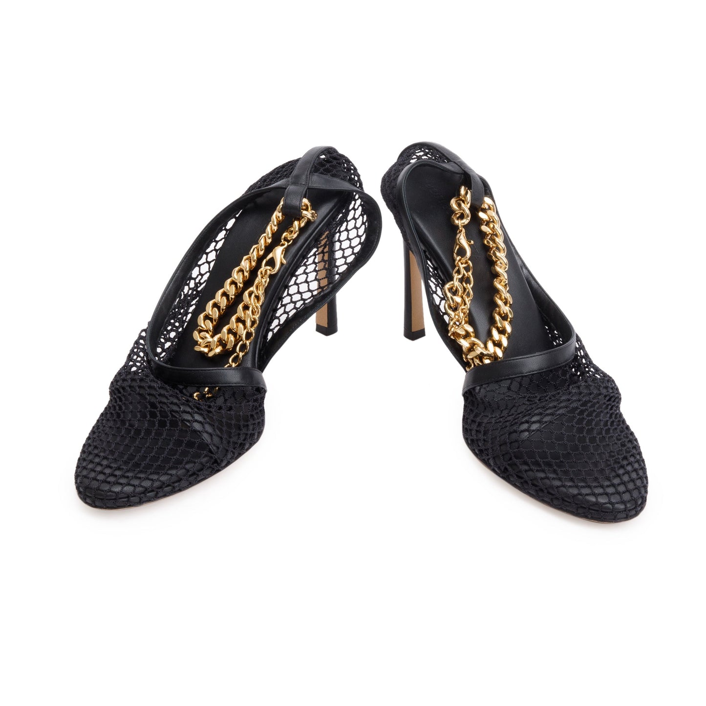 Bottega Veneta Black Leather Mesh Chain Accent Tex Sandal Pumps, Size 39