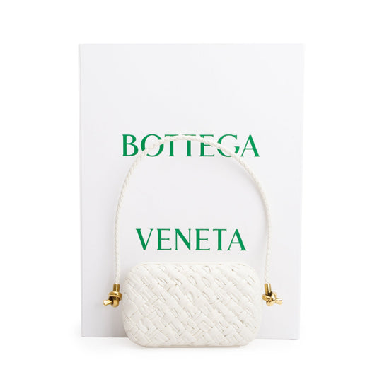 Bottega Veneta White Intreccio-Woven Leather Mini Loop Metal Knots On Strap Clutch Bag